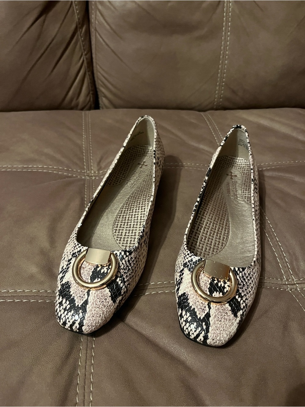 BareTraps Snake-Print Flats with Gold Ring Accent - Beige/Black
